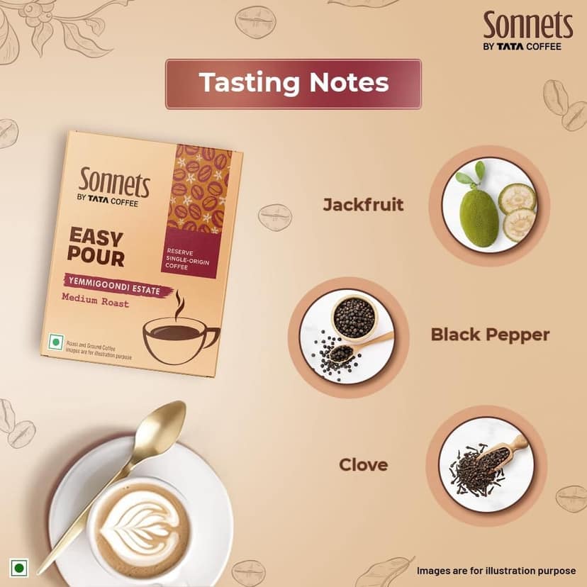 Sonnets by Tata Coffee, Easy Pour, Yemmigoondi Estate, Medium Roast & Ground Coffee,Tasting Notes of Jackfruit, Black Pepper & Cloves, 5 Easy Pour Bags view 3