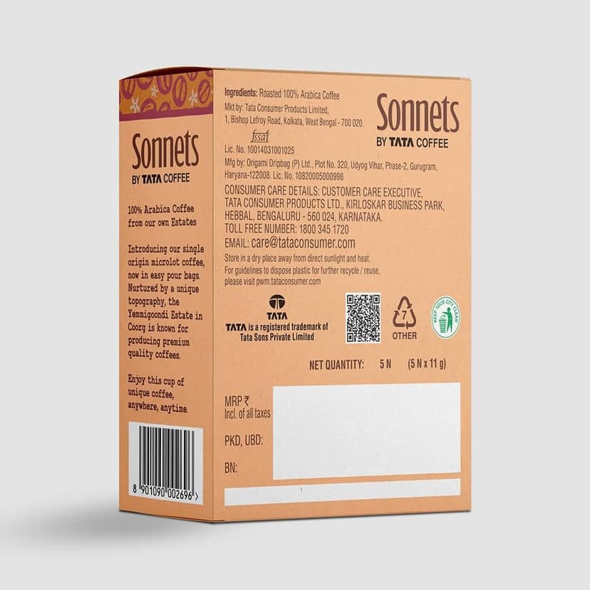 Sonnets by Tata Coffee, Easy Pour, Yemmigoondi Estate, Medium Roast & Ground Coffee,Tasting Notes of Jackfruit, Black Pepper & Cloves, 5 Easy Pour Bags view 7