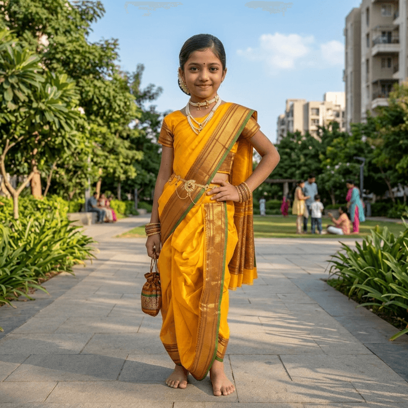 Mom and Me Peshwai Nauwari Saree for Kids (1–10 Years) Ready to Wear Maharashtrian Traditional Dress | Belgaon Silk with Cotton Lining | Stitched Blouse Included (Yellow, 11-12 Yeras) view 3
