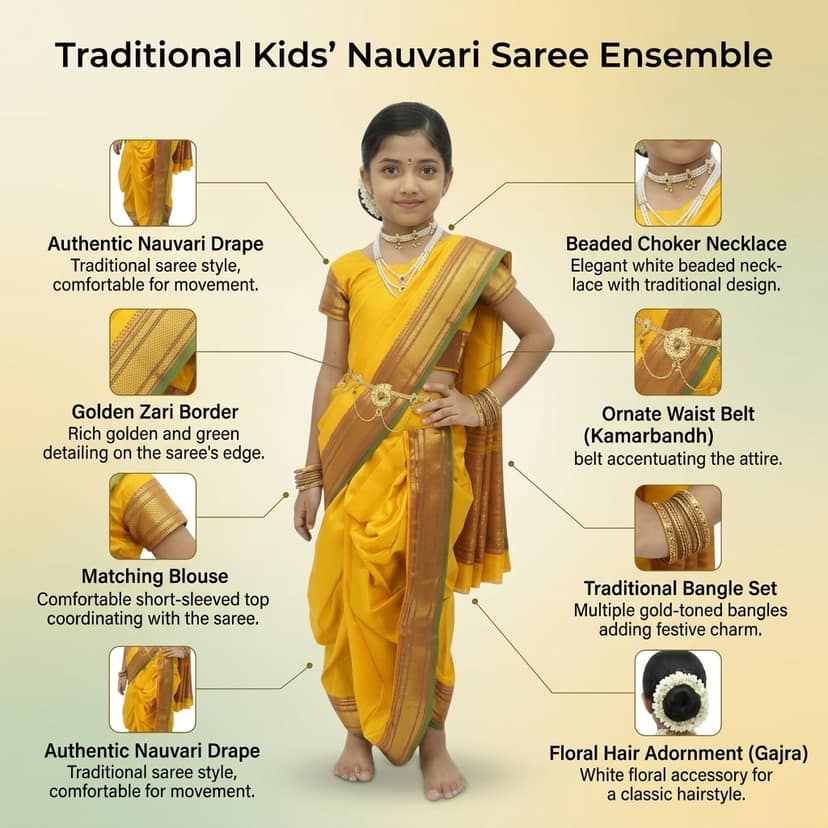 Mom and Me Peshwai Nauwari Saree for Kids (1–10 Years) Ready to Wear Maharashtrian Traditional Dress | Belgaon Silk with Cotton Lining | Stitched Blouse Included (Yellow, 11-12 Yeras) view 4