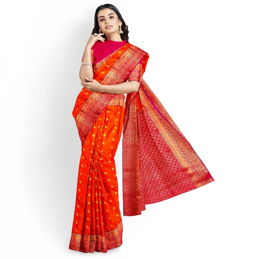 Orange body with red border1000 buttas semi silk saree view 2