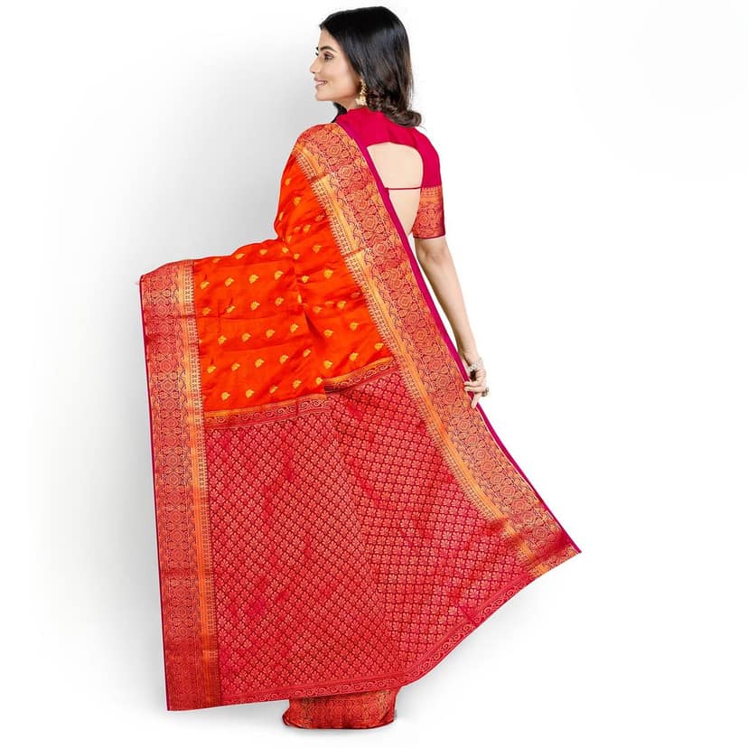 Orange body with red border1000 buttas semi silk saree view 3
