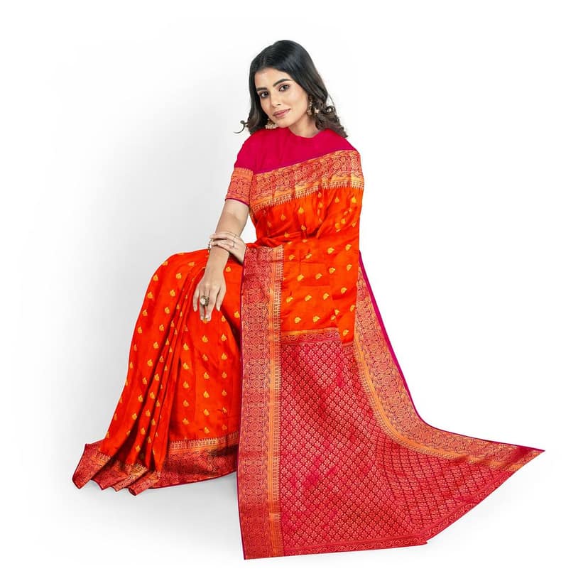 Orange body with red border1000 buttas semi silk saree view 4