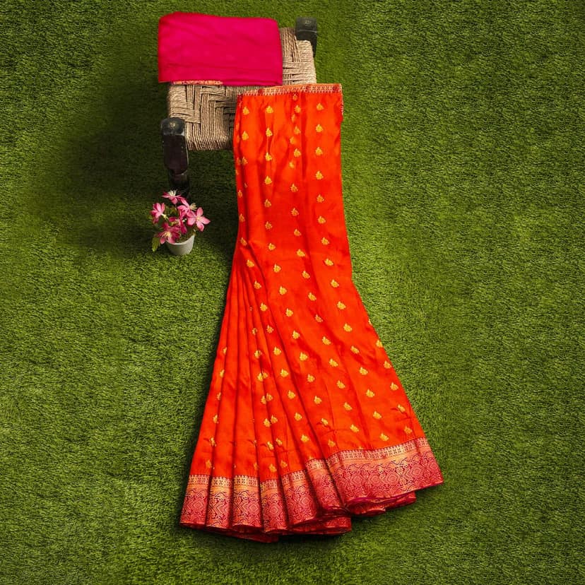 Orange body with red border1000 buttas semi silk saree view 5