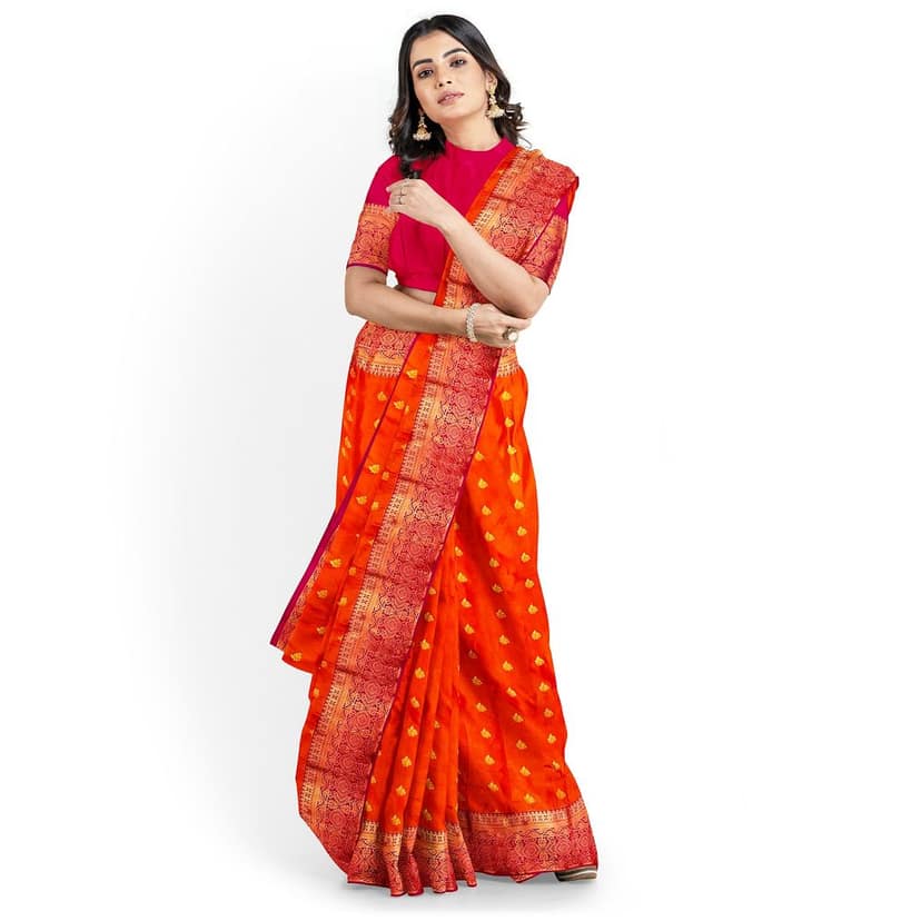Orange body with red border1000 buttas semi silk saree view 6