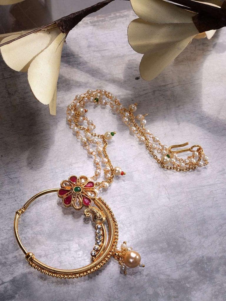 Gold Plated Red & White Pearl Beaded &Studded Bridal Nose Ring view 2