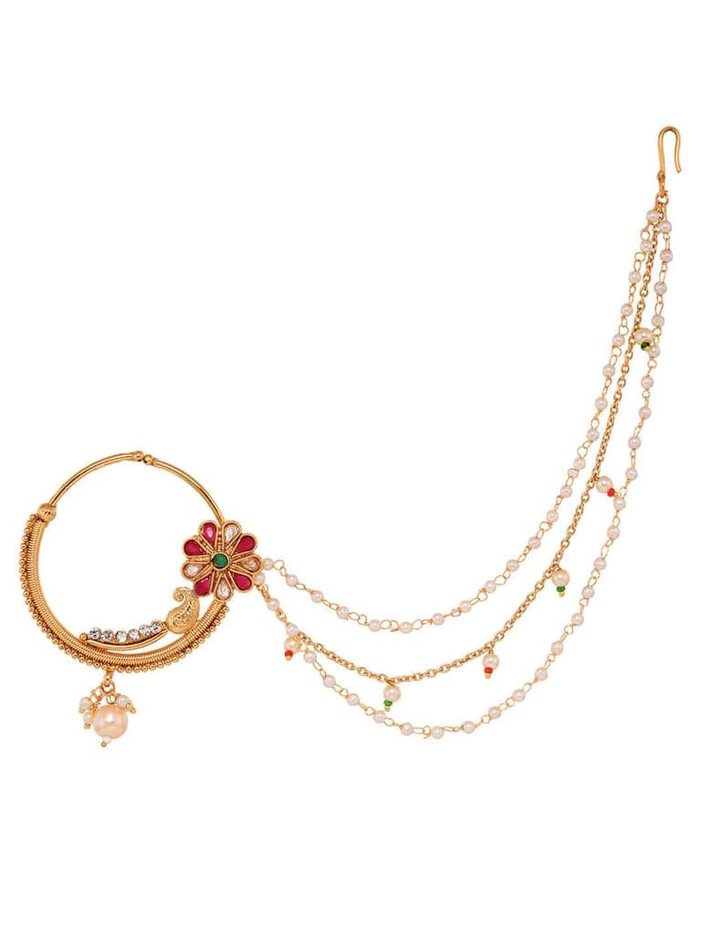 Gold Plated Red & White Pearl Beaded &Studded Bridal Nose Ring view 3