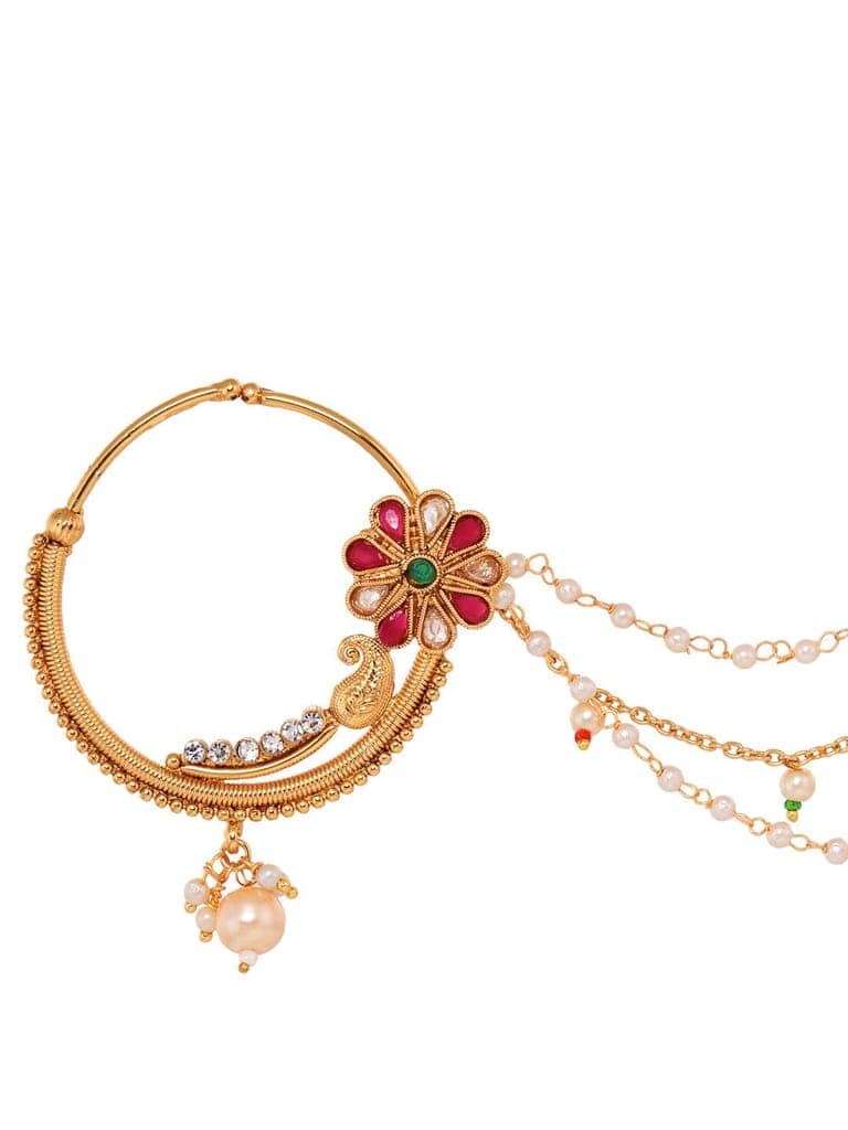Gold Plated Red & White Pearl Beaded &Studded Bridal Nose Ring view 4