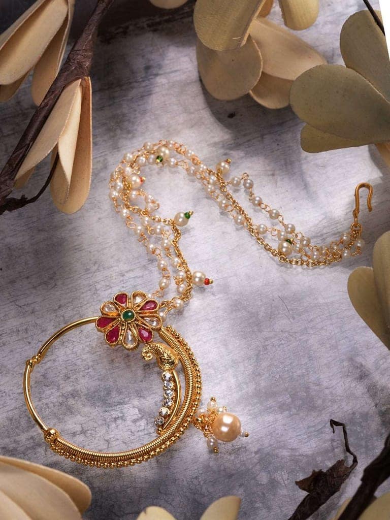 Gold Plated Red & White Pearl Beaded &Studded Bridal Nose Ring view 6
