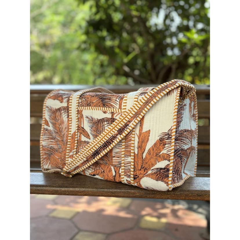 Teracotta Tropic Block Print Quilted Cotton Weekender Duffle Bag With Sling Belt Beige 18"X18" view 3
