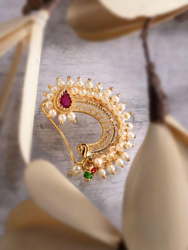 Gold Plated White Pearl Beaded Peshwai Moti Nath view 2
