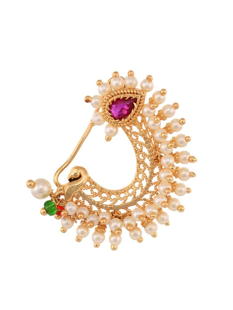 Gold Plated White Pearl Beaded Peshwai Moti Nath view 3