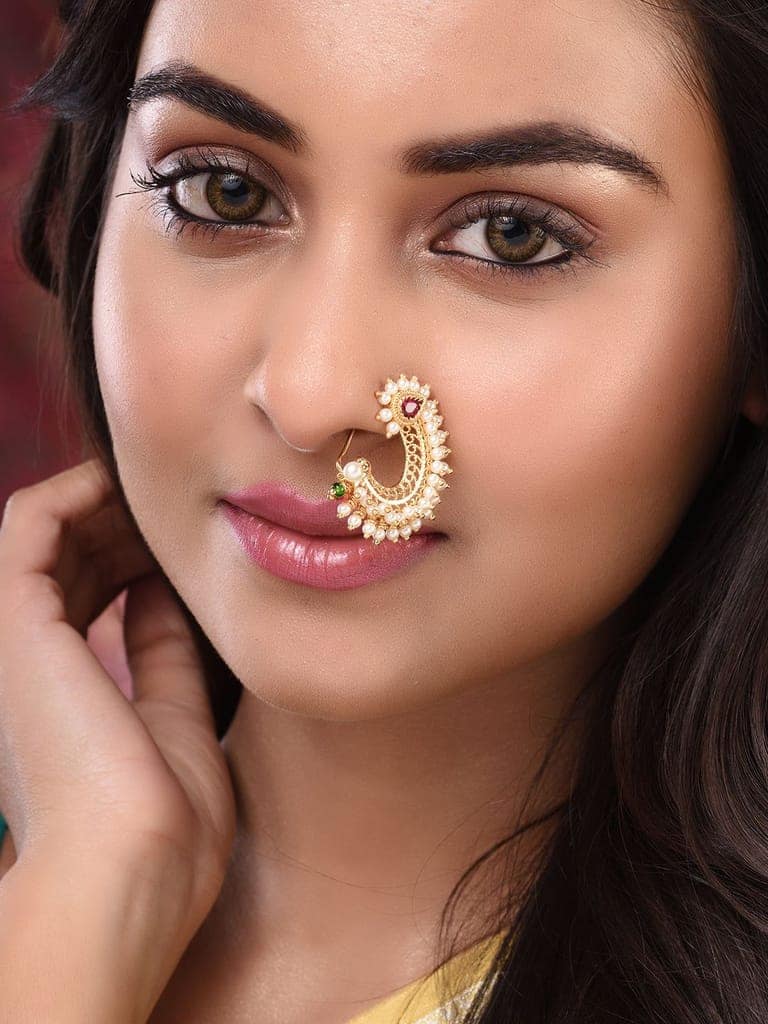 Gold Plated White Pearl Beaded Peshwai Moti Nath view 5