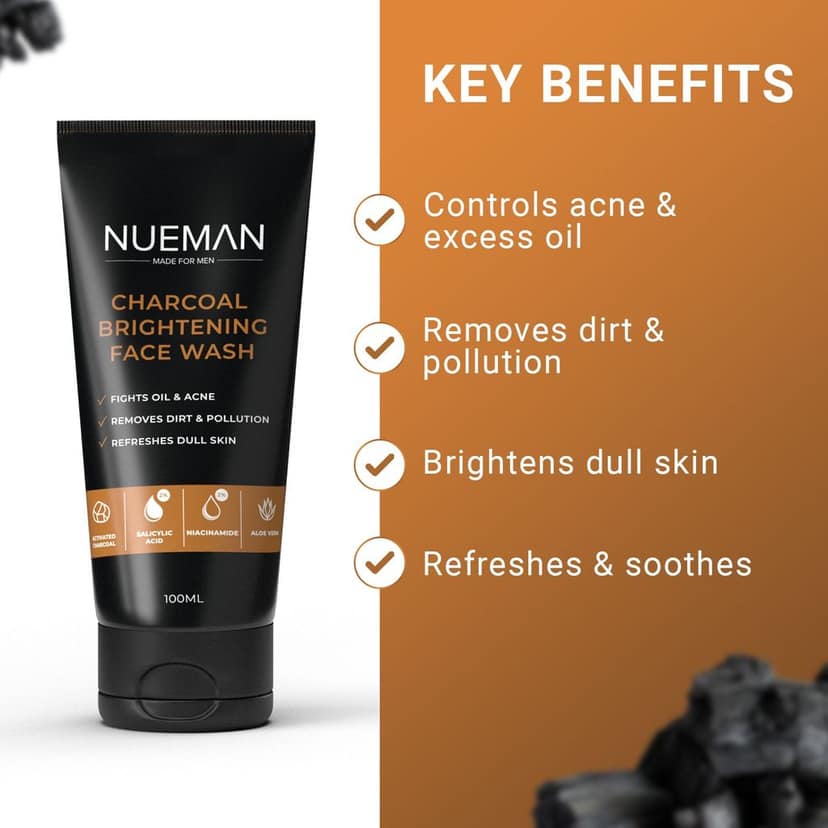 NUEMAN Charcoal Brightening Face Wash | For Men | All Skin Types | With Salicylic Acid, Niacinamide, Aloe Vera & Neem | Fights Acne, Oil, Dullness | Dermatologically Tested view 2