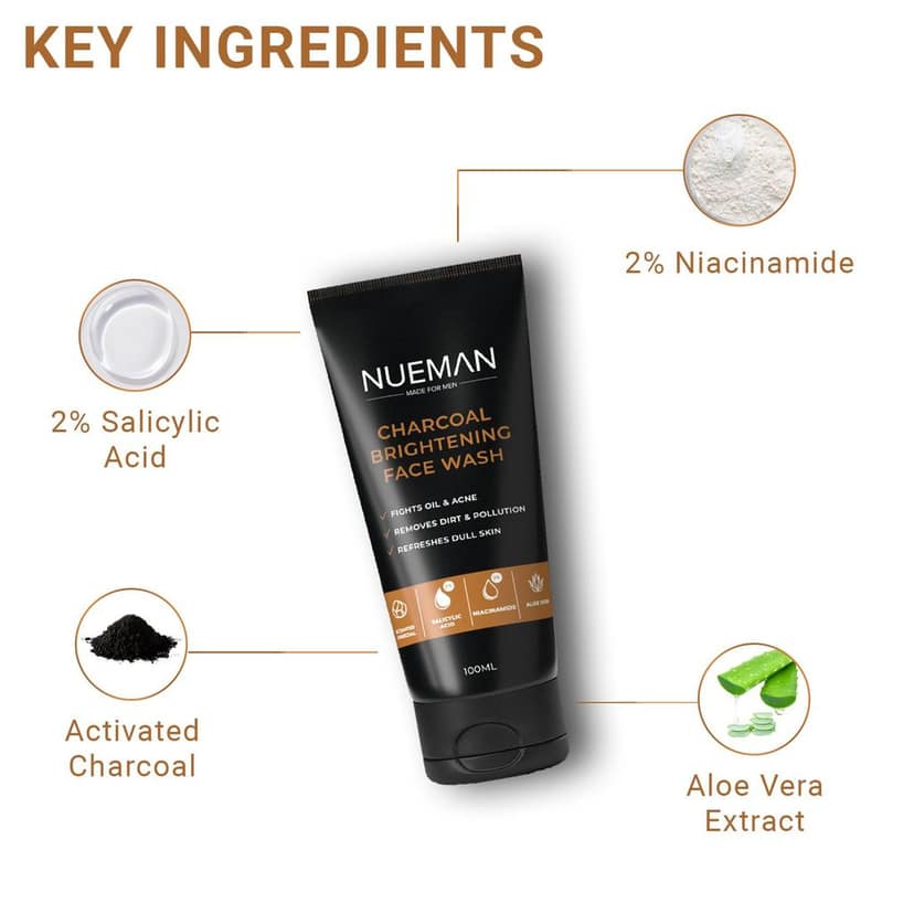 NUEMAN Charcoal Brightening Face Wash | For Men | All Skin Types | With Salicylic Acid, Niacinamide, Aloe Vera & Neem | Fights Acne, Oil, Dullness | Dermatologically Tested view 3