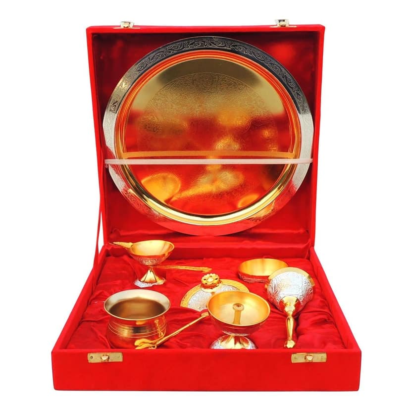 Brass Puja Thali Set | Diwali Festival Gift Set, Height : 0.5 Inch (BMAS293 G) view 2