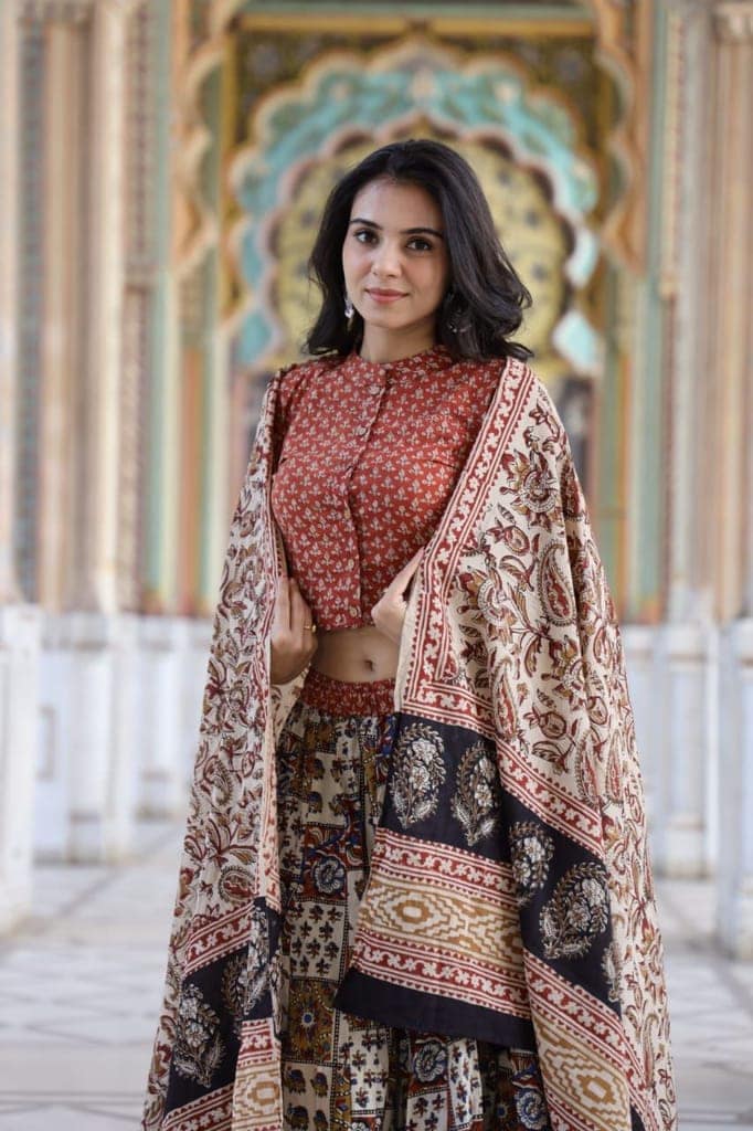 Cotton Lehanga Handblock Printed Crail Red Color and Top With Mulmul Dupatta (Size 34-46)-2212 view 4