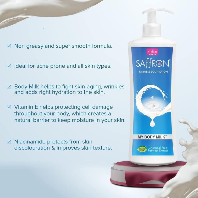 VI-JOHN Saffron My Body Mil Fairness Body Lotion With Vitamin E - 400ML (Men & Women) view 4
