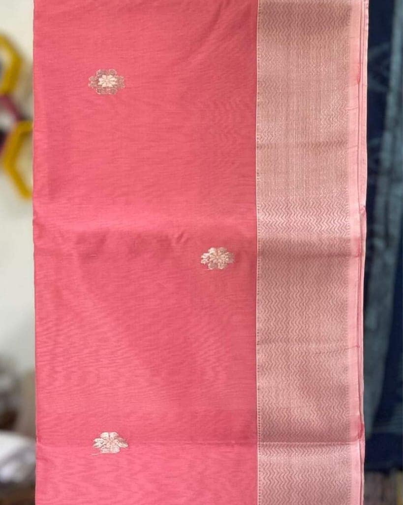 Pure Maheshwari Silk Saree Rose Pink Color Handloom Handwoven Single Design Zari Border with Flower Buti Pallu and contrast blouse-4707 view 2