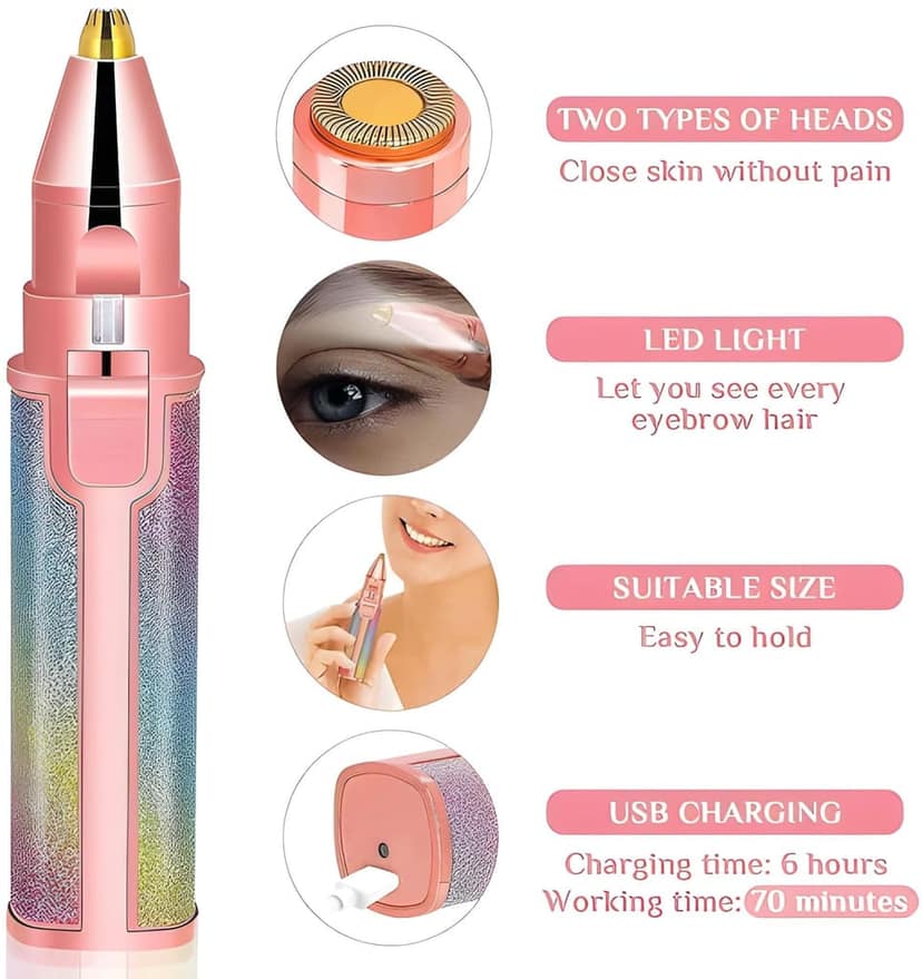 Rechargeable Eyebrow Trimmer & Facial Hair Remover | 2-in-1 Painless Razor for Eyebrows, Lips, Nose & Body | LED Light Portable Hair Removal for Women view 3
