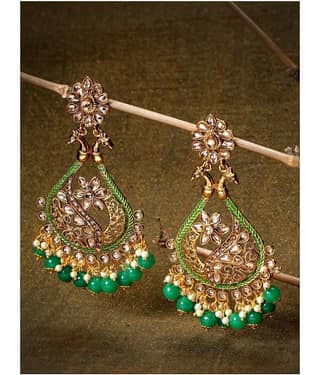 Priyaasi Designer Gold-Plated Stone-Studded Peacock Inspired Green Earrings For Women