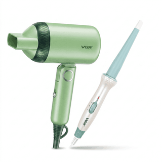 VGR V-421 Hair Dryer & V-596S Hair Curler Professional Grooming Combo, Green and White