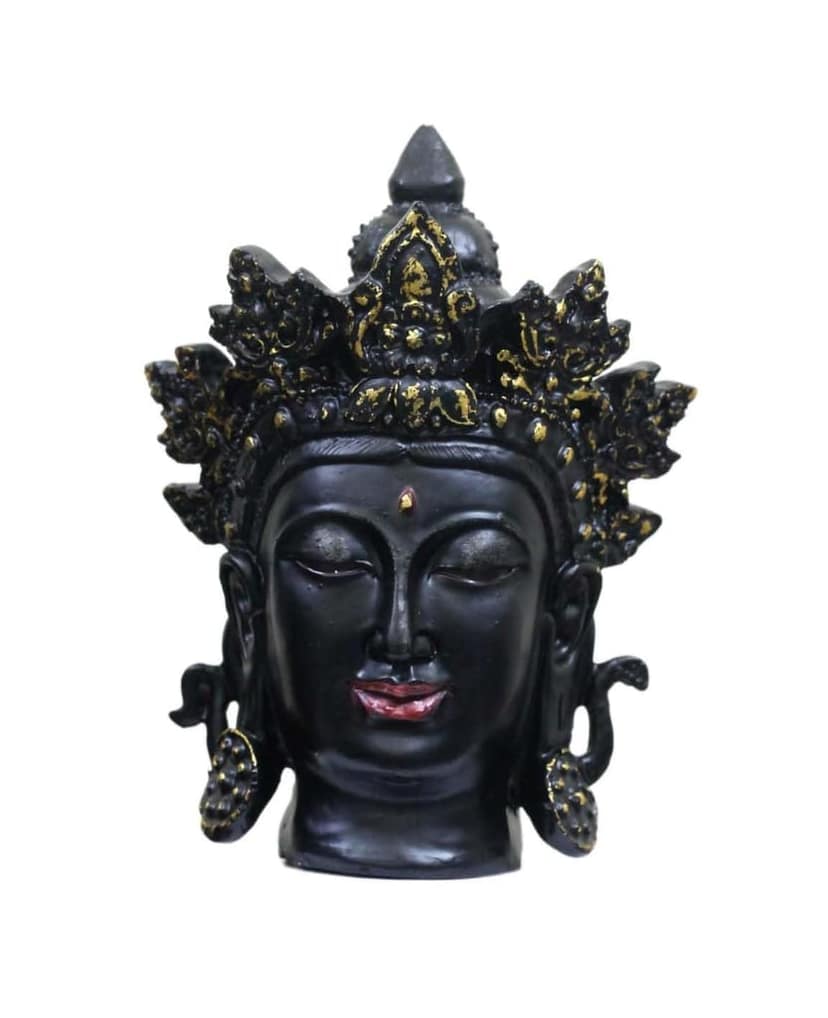 COPPERHOARD Black Gold Resin Tara Devi Goddess Tara Meditating Buddha Head Statue with Beautiful Smile and Crown for Home Decor and Gifting.