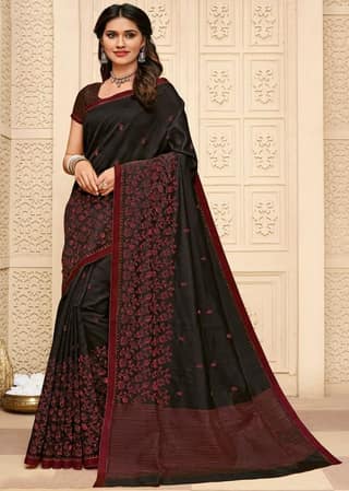 Embroidered Tussar Silk Saree With Zari Border And Embroidered Blouse Material