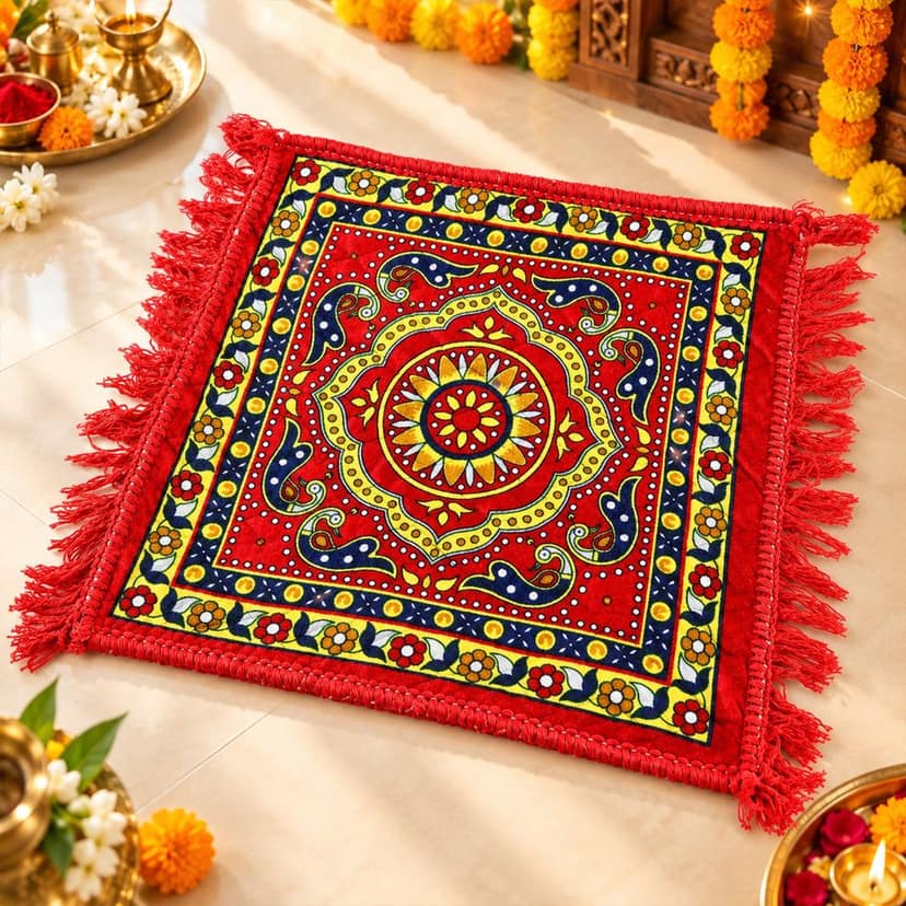 Pooja Aasan Prayer Mat with Traditional Print and Fringe (1 Pc, 46x46 Cm) view 2