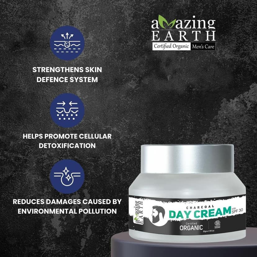 AMAzing EARTH Certified Organic Charcoal Day Cream for Men - with SPF 30 Sun Protection Cream with Activated Charcoal, Liquorice, Great Morinda & Camellia Extract, Silicone & Parabens Free, 50gm view 2