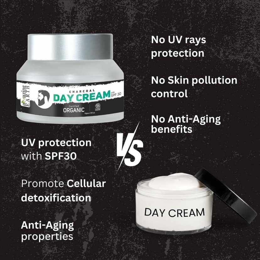 AMAzing EARTH Certified Organic Charcoal Day Cream for Men - with SPF 30 Sun Protection Cream with Activated Charcoal, Liquorice, Great Morinda & Camellia Extract, Silicone & Parabens Free, 50gm view 7