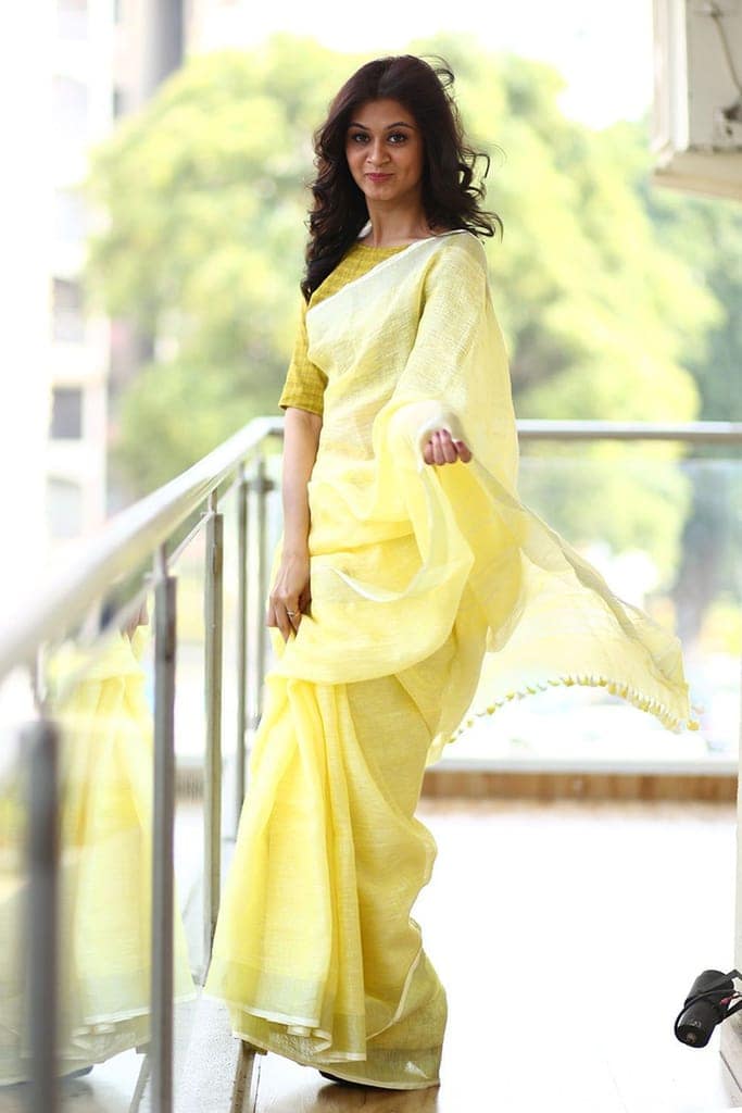 Pure Organic Linen Saree – Yellow view 2