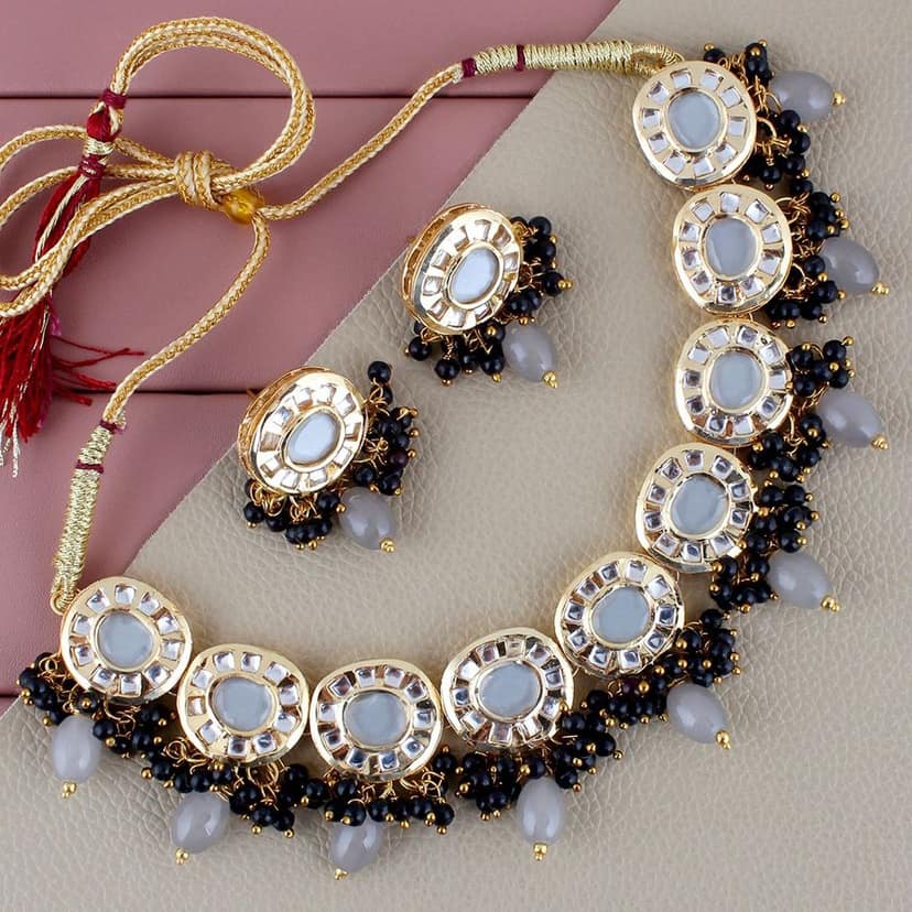 Lucky Jewellery Meenakari 18k Gold Plated Black Color Earring Combo Uncut Big Faux Kundan Choker Necklace set (1010-J5SK-1816-BL)