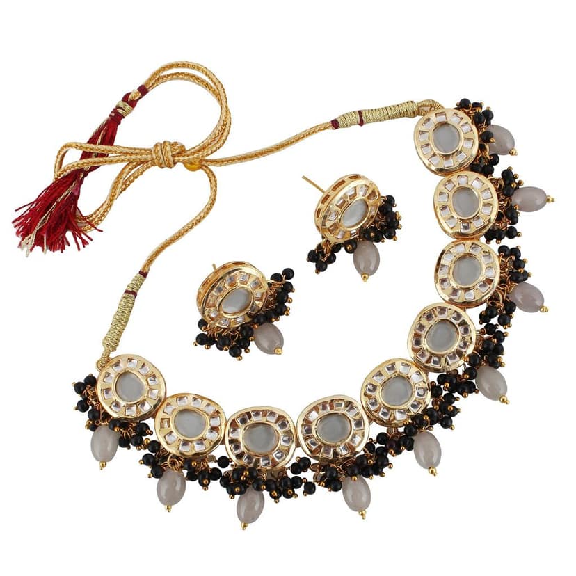 Lucky Jewellery Meenakari 18k Gold Plated Black Color Earring Combo Uncut Big Faux Kundan Choker Necklace set (1010-J5SK-1816-BL) view 2