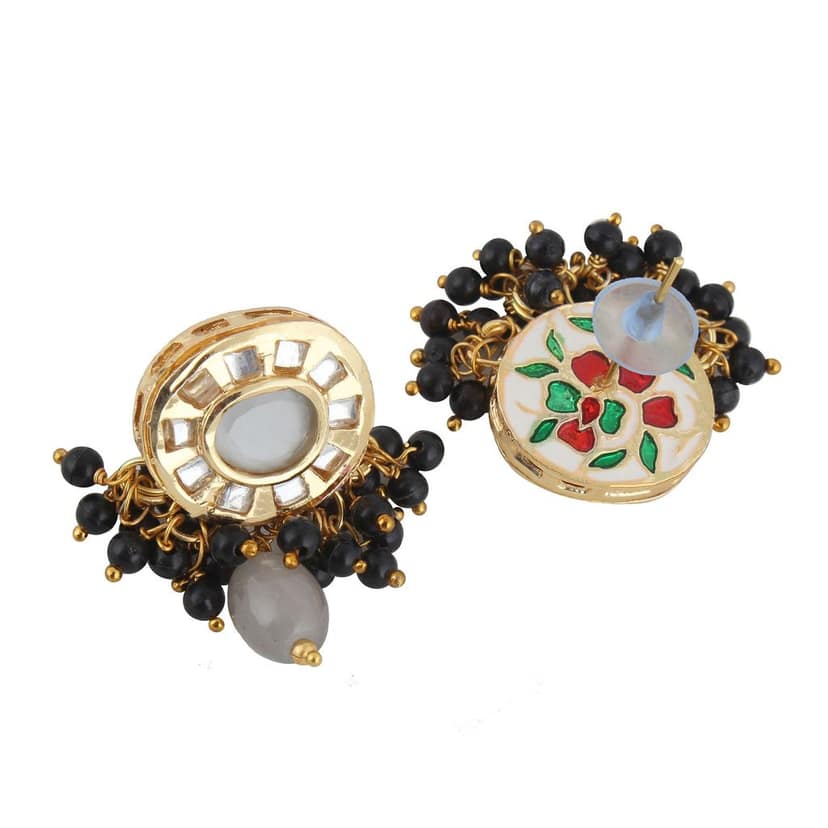 Lucky Jewellery Meenakari 18k Gold Plated Black Color Earring Combo Uncut Big Faux Kundan Choker Necklace set (1010-J5SK-1816-BL) view 4