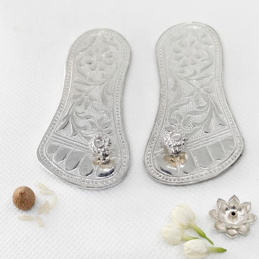 Pure Silver Lakshmi Charan Paduka (Pair) | Engraved Floral Design Pooja Feet | Auspicious Wealth & Prosperity Symbol for Home Temple & Diwali