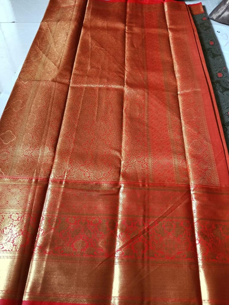 Green and gold zari woven Kanchipuram silk saree with red border view 3