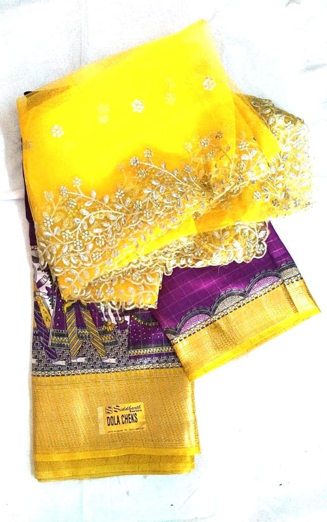 Yellow and Purple Saree with Blouse Piece and Net Dupatta view 3