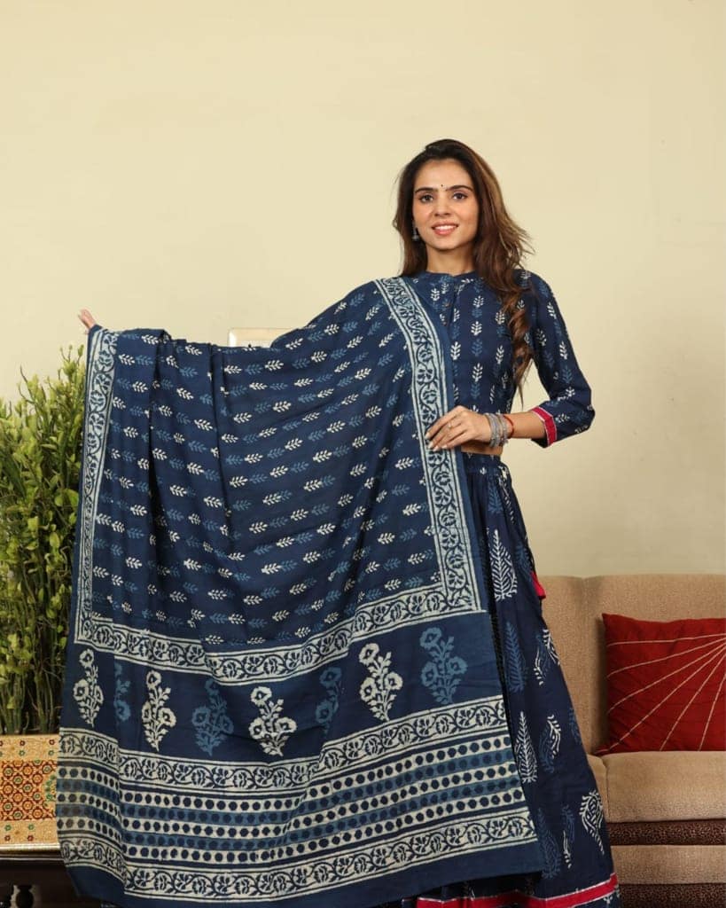 Handblock Printed Cotton Lehanga And Top With Mulmul Dupatta (Size 34-46) Blue Color-2860 view 2