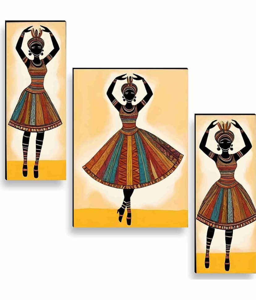 SAF African Tribal Dancer Wall Art – 3 Panel Colorful Ethnic Lady Painting with Traditional Dress for Cultural Living Room & Hall Décor 12 Inch x 20 Inch