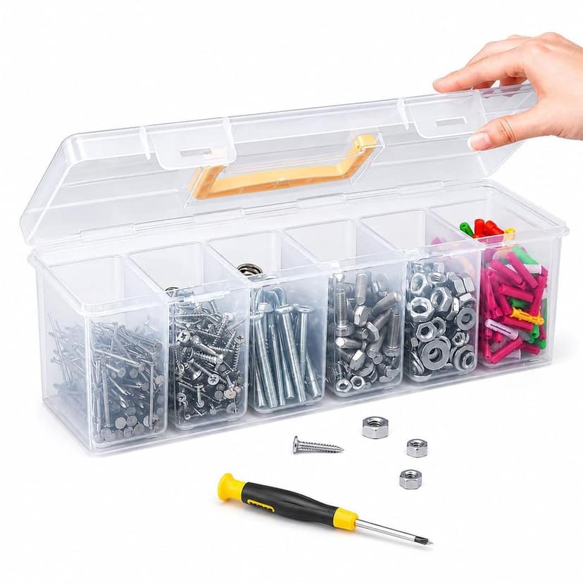 Tool Storage Box with 6 Removable Small Boxes, Transparent Plastic Tool Organizer with Carry Handle, Multipurpose Storage Case for Screws, Nuts, Bolts, Nails, Hardware & DIY Tool