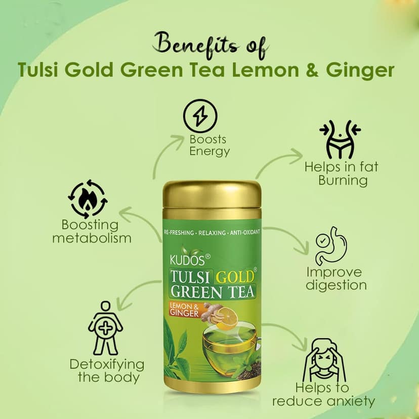 Kudos Tulsi Gold Green Tea With Lemon & Ginger | 100Gm | Pack of 2 view 2