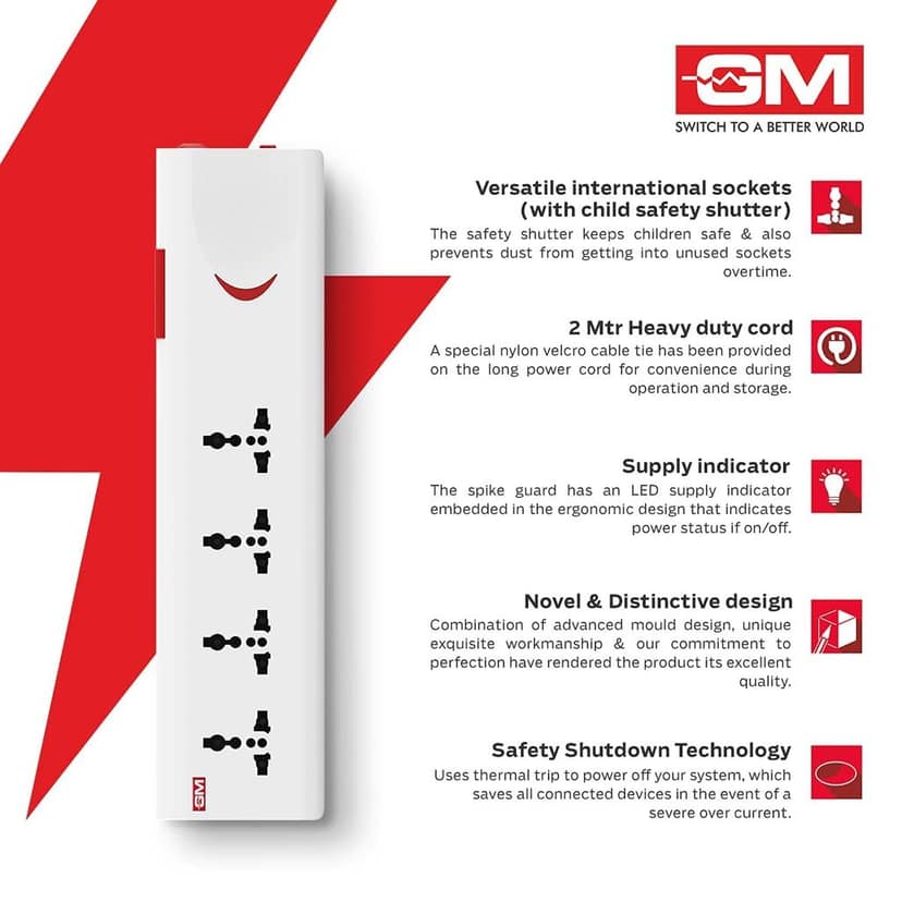GM 3060 E-Book 4 + 1 Power Strip with Master Switch, Indicator, Safety Shutter & 4 International sockets (Gifts Inside) view 3