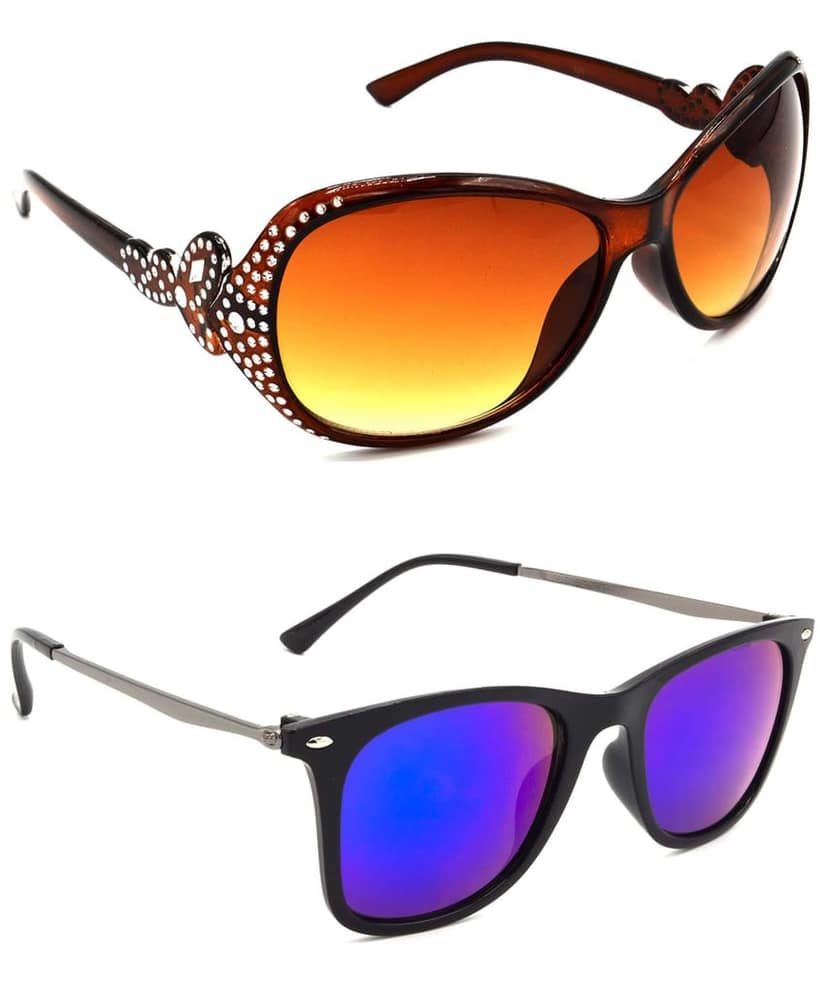 Hrinkar Unisex Round Sunglasses Silver & Grey Frame, Brown & Blue Lens (Medium) - Pack of 2