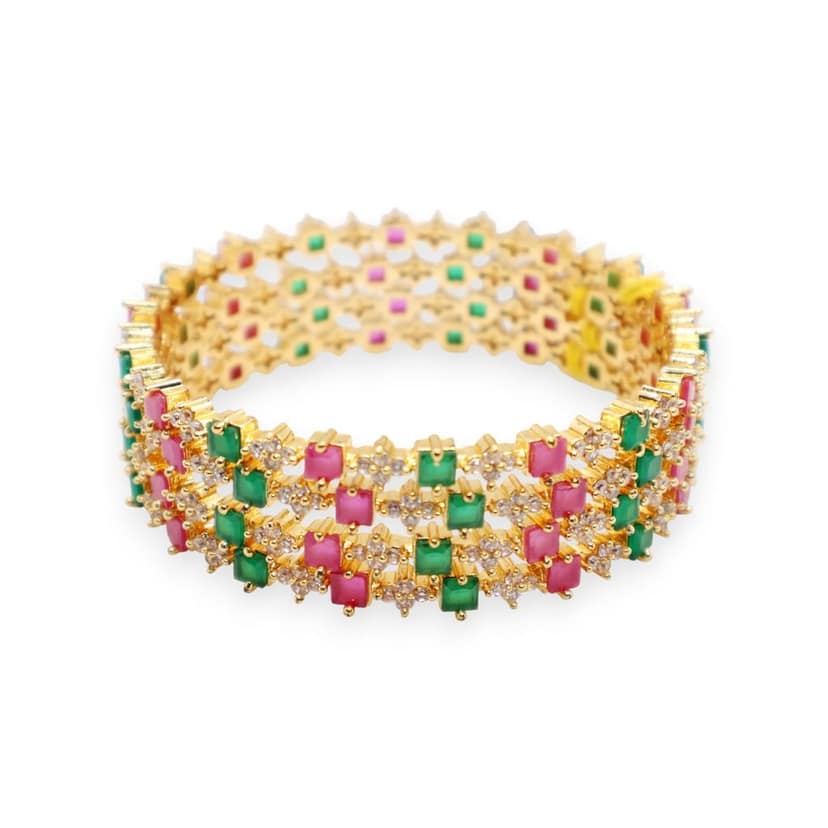 Traditional Gold-Plated Bangle with Pink & Black Stone Accents