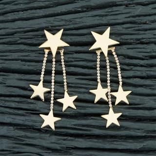Gold Toned Star Shaped Stud with Chain Back Drop Earrings