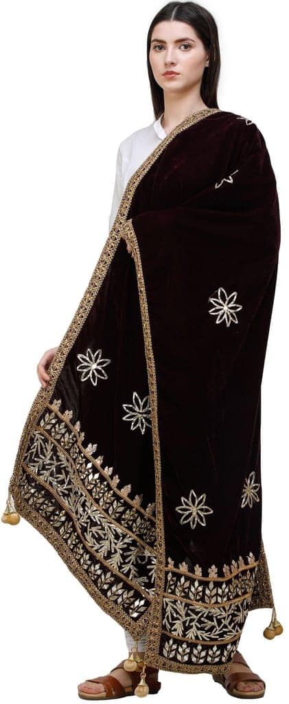 Windsor-Wine Dupatta from Amritsar Embellished with Gota Patches on Border and Mirrors view 2