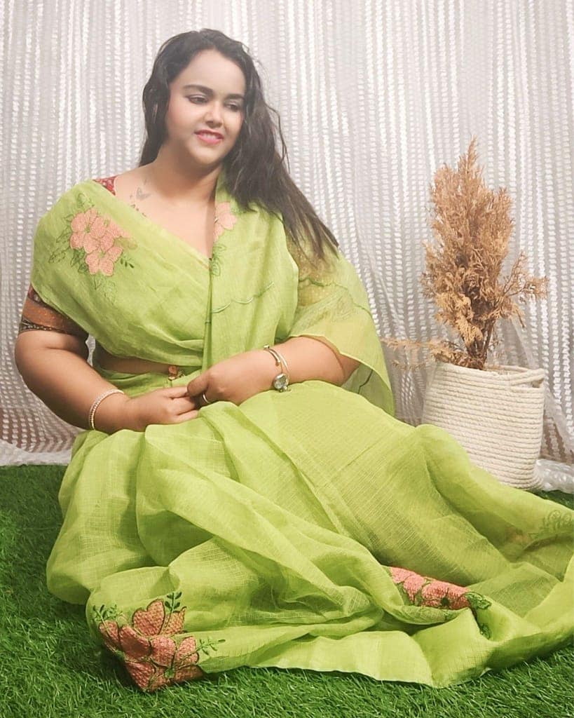 Kota Doria Pure Cotton Embroidered Saree Lime Green Color with blouse Handcrafted-2584 view 2