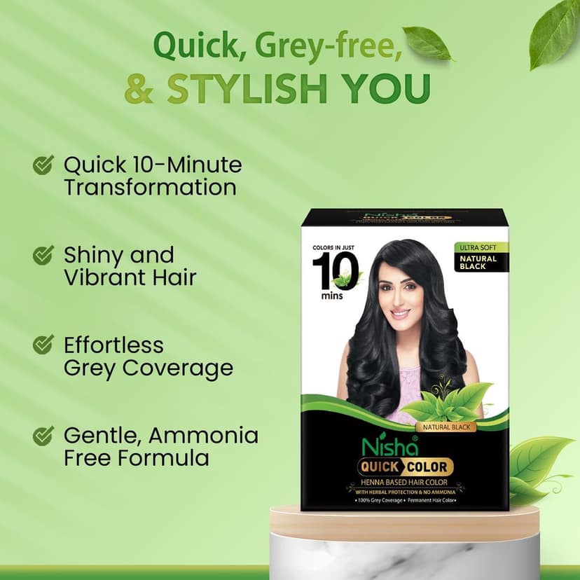 Nisha Quick Color 10 Minute Henna Based Hair Colour Natural Black Hair Dye 60gm, No Ammonia, 100% Grey Coverage view 6