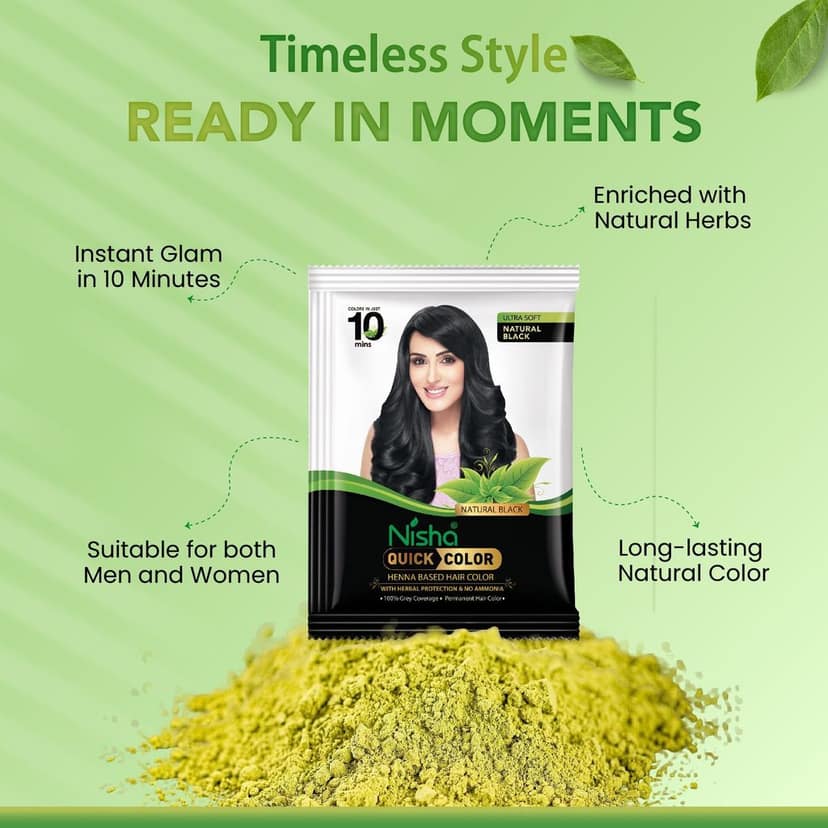 Nisha Quick Color 10 Minute Henna Based Hair Colour Natural Black Hair Dye 60gm, No Ammonia, 100% Grey Coverage view 7